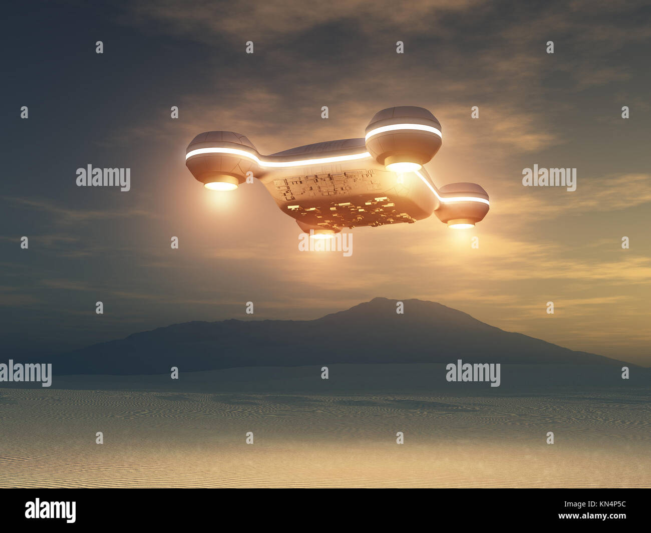 Spacecraft over a desert area Stock Photo