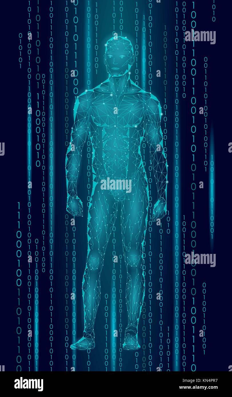 Humanoid android man standing cyberspace binary code. Robot artificial intelligence low poly polygonal human body fitness shape. Mind internet network vector abstract blue illustration Stock Vector