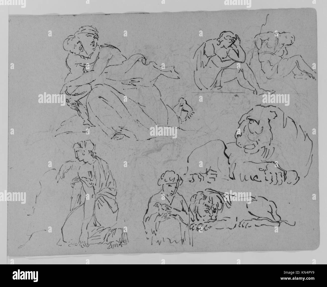 This sketchbook contains five figure studies and two lion studies ...