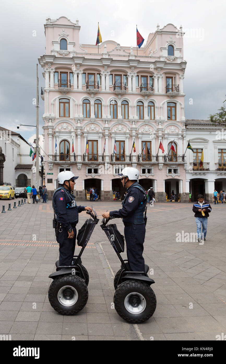 Ecuador policemen on segways, Plaza Grande ( Independence Square ), Quito, Ecuador South America Stock Photo