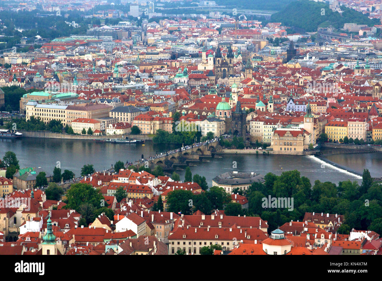 Above the roofs of Prague, old Central European metropolis, modern tourist magnet, and capital of the Czech Republic. Stock Photo