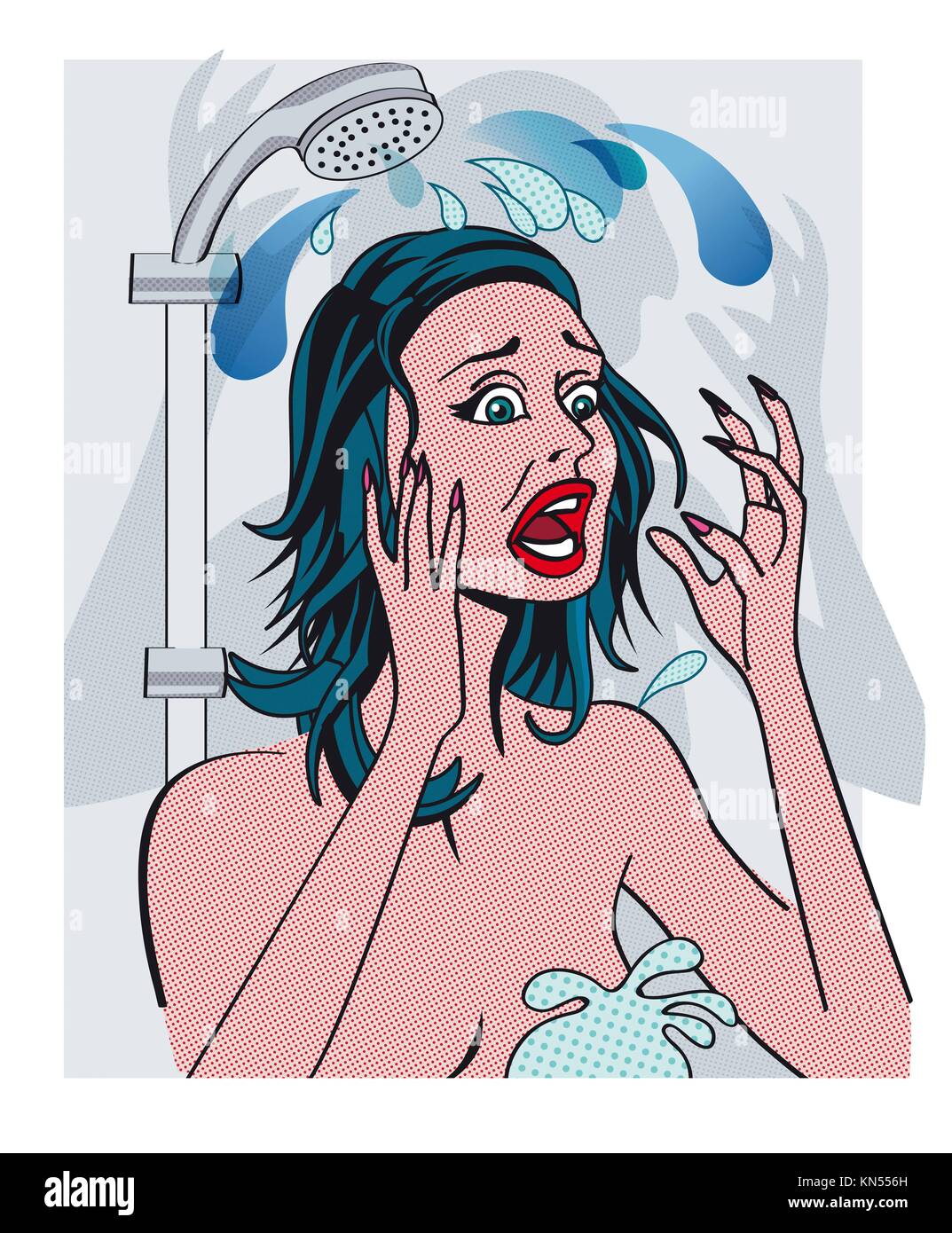 A woman crying in the shower by the shock of cold water that falls