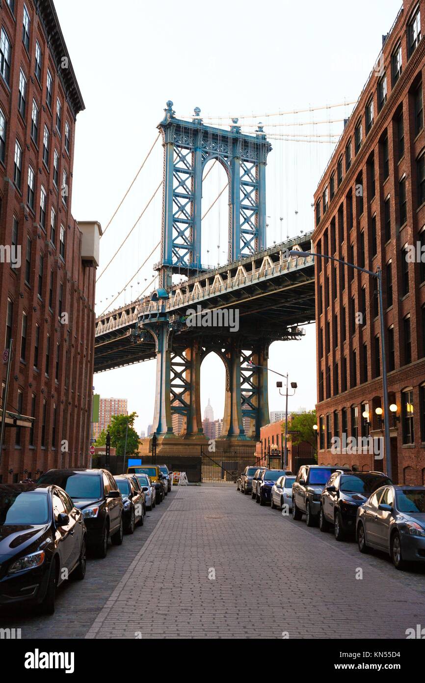 Manhattan Bridge New York NY NYC from Brooklyn USA. Stock Photo