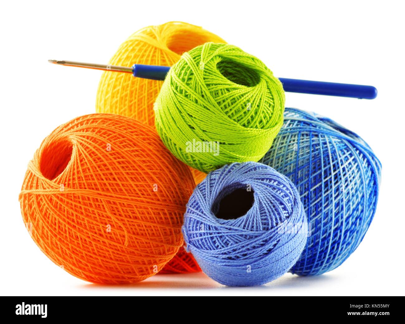 Colorful yarn for crocheting and hook isolated on white background ...