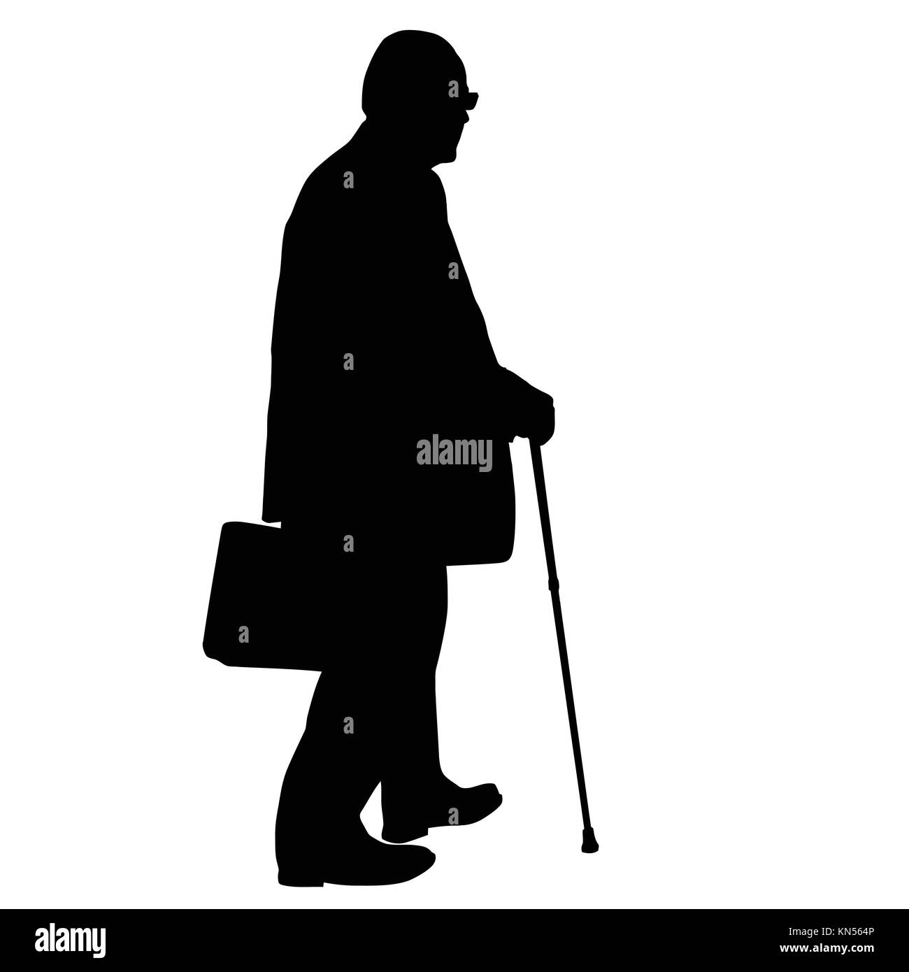 Old man silhouette with cane on white background, vector illustration Stock Vector