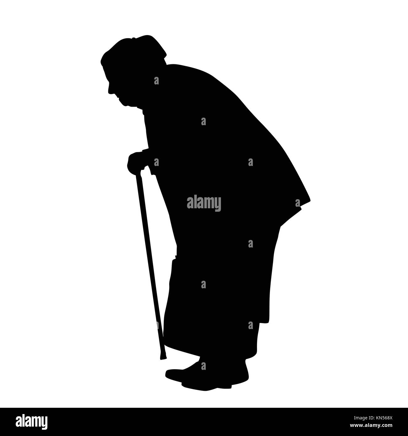 Silhouette of a old woman with cane on a white background, vector illustration Stock Vector