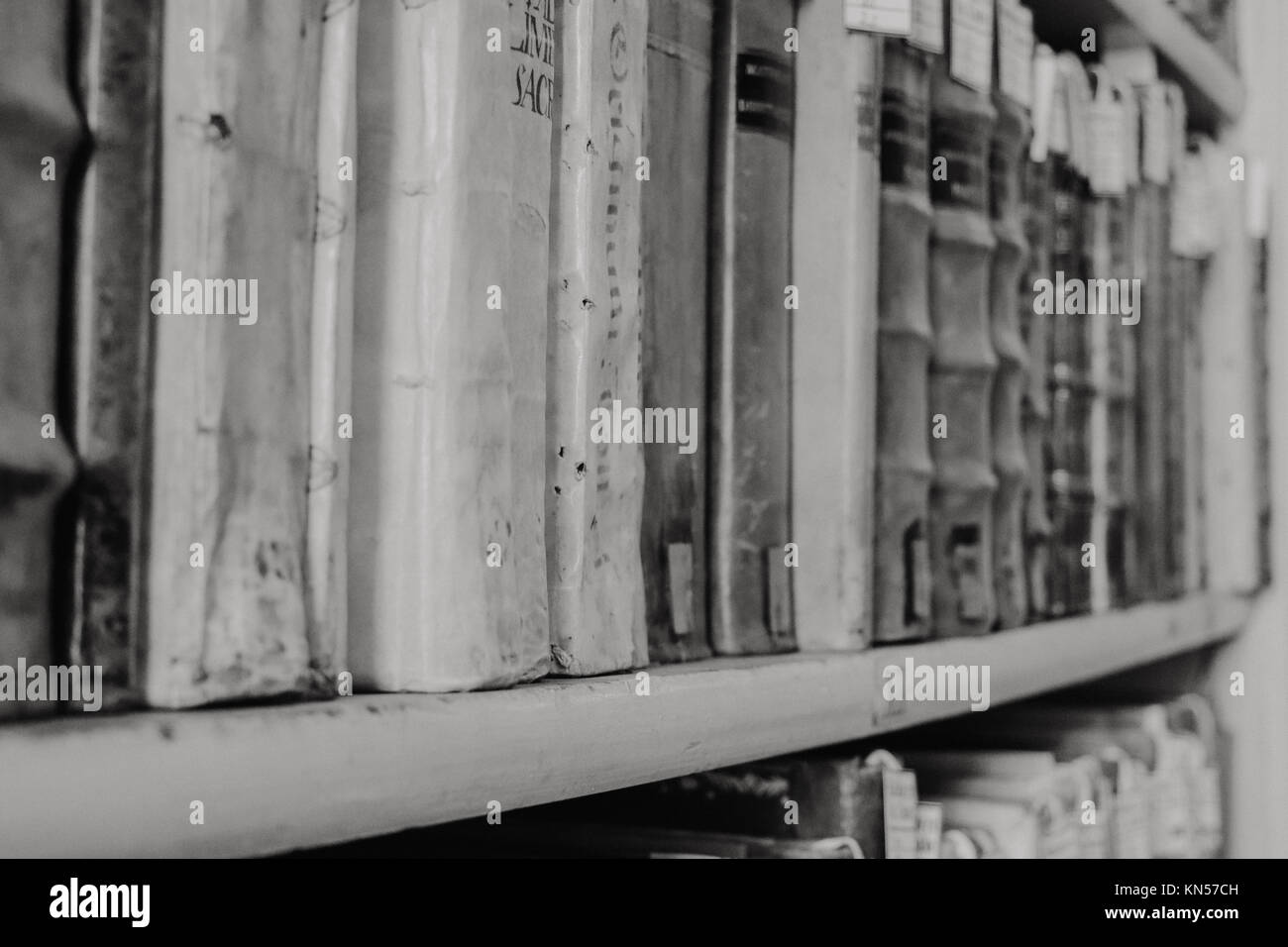 Old books on the shelves of a library Stock Photo - Alamy