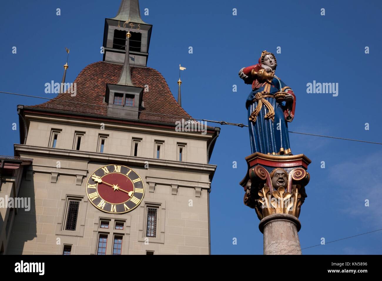 Statue of Anna Seiler Brunnen by Gieng 16th Century and Prison Tower ...