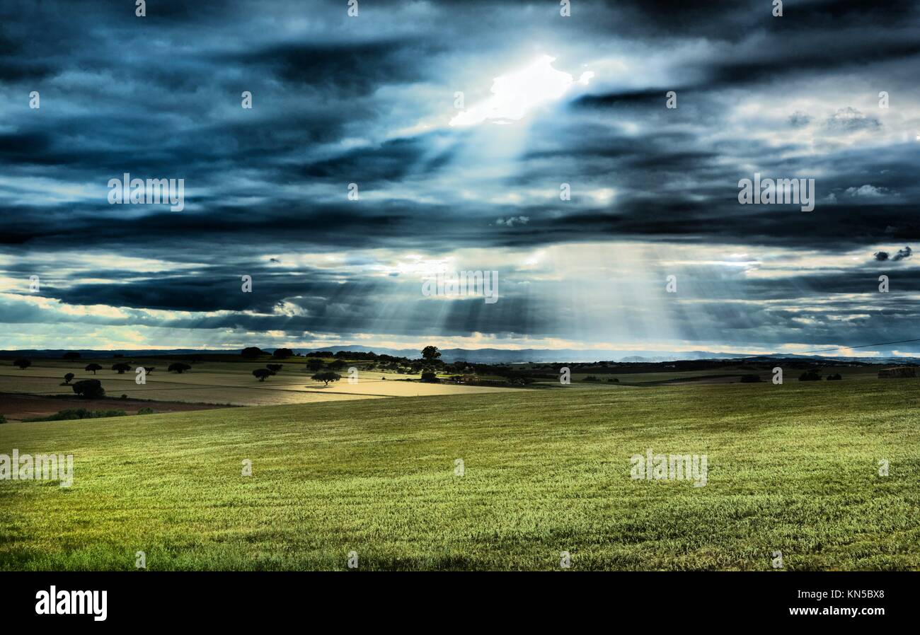 Rural landscape, dramatic sky, and sun rays light over fields of Olivenza countryside, Badajoz, Extremadura, Spain. Stock Photo