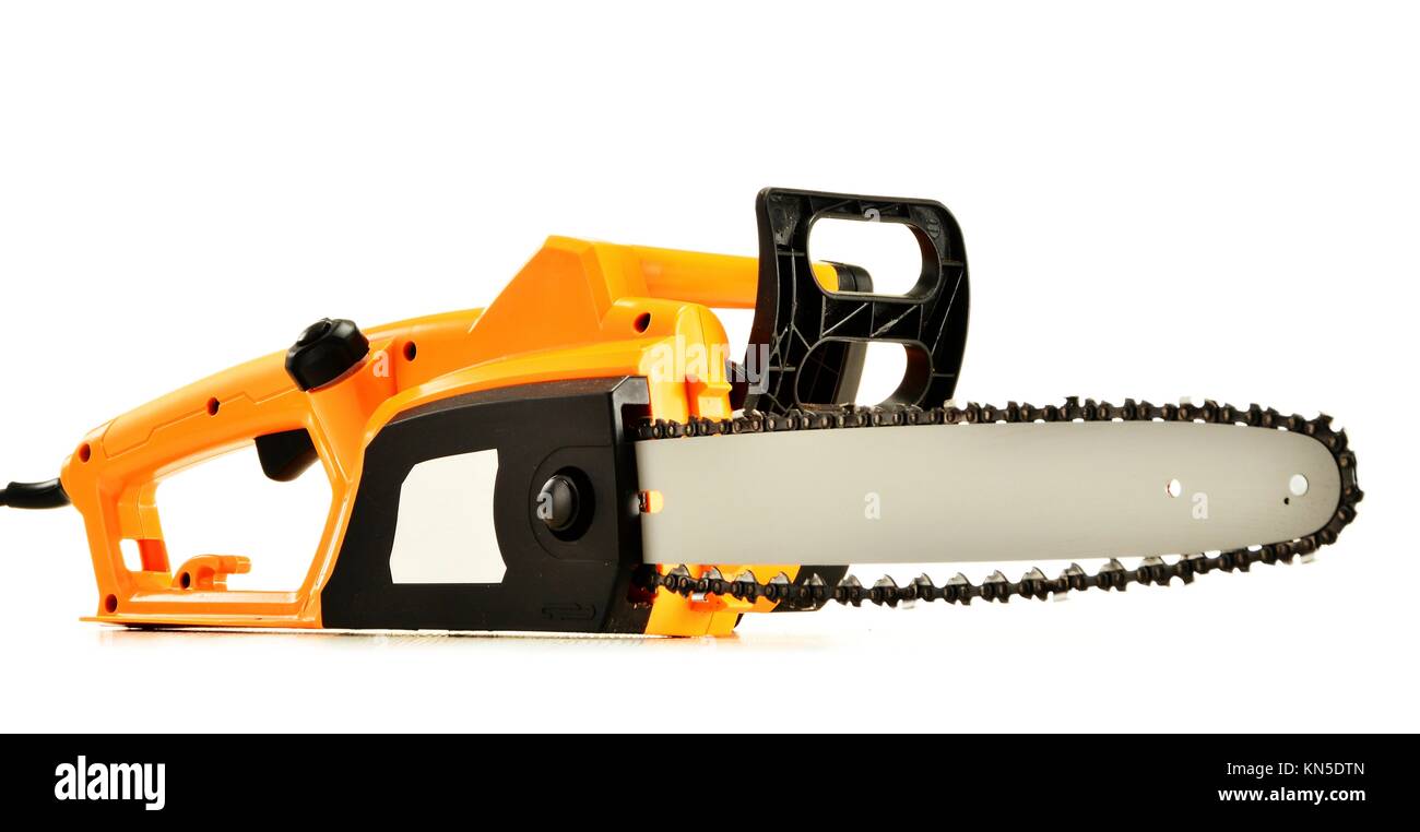 Electric chainsaw isolated on white background Stock Photo Alamy