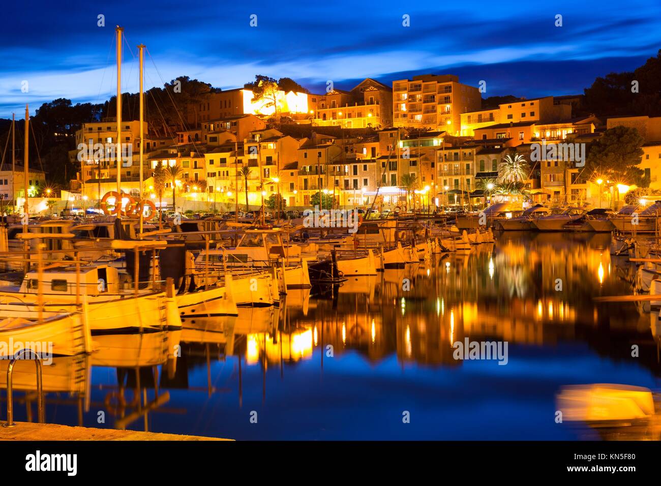 Port de Soller sunset in Majorca at Balearic island of Mallorca Spain ...