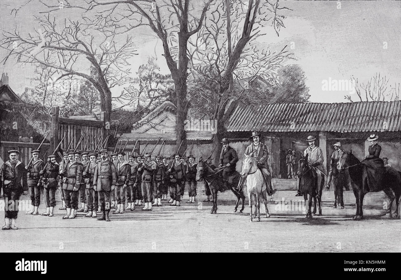Beijing 1900, French legation protected by a troop of marine, Picture from the French weekly newspaper l'Illustration, 21 th July 1900 Stock Photo