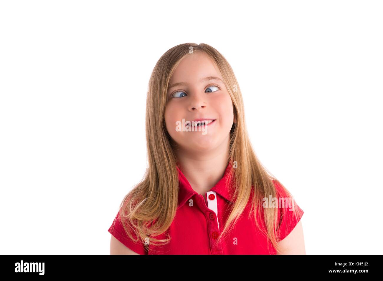 crossed eyes blond kid girl funny expression gesture in white