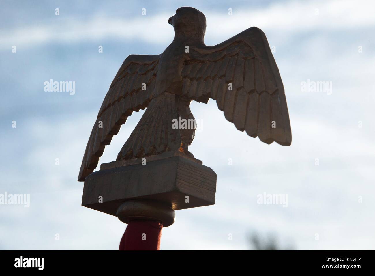 Eagle emblem carried by French Napoleonic troops at La Albuera Battle Reenactment. Stock Photo