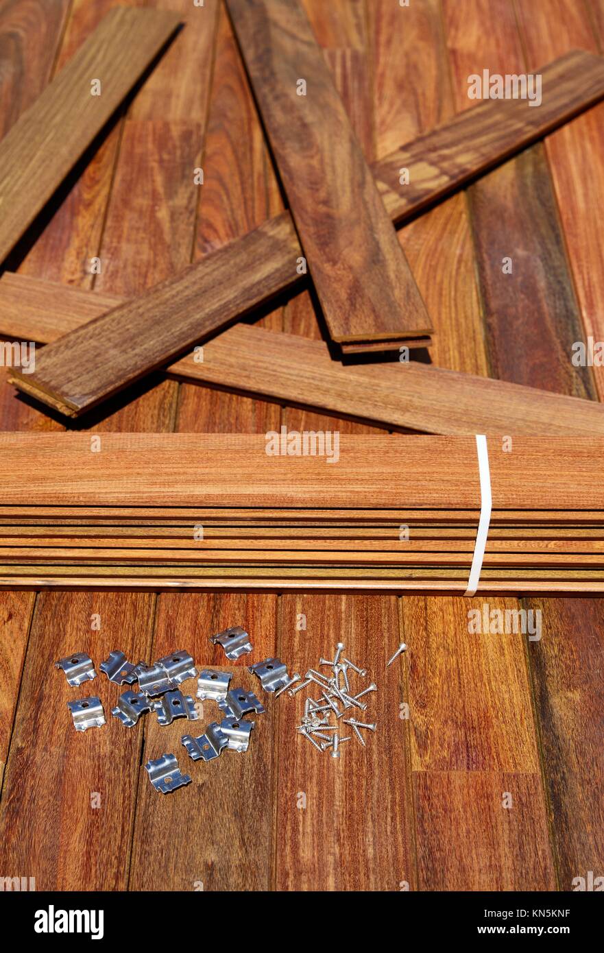 Ipe decking deck wood installation screws clips and fasteners Stock