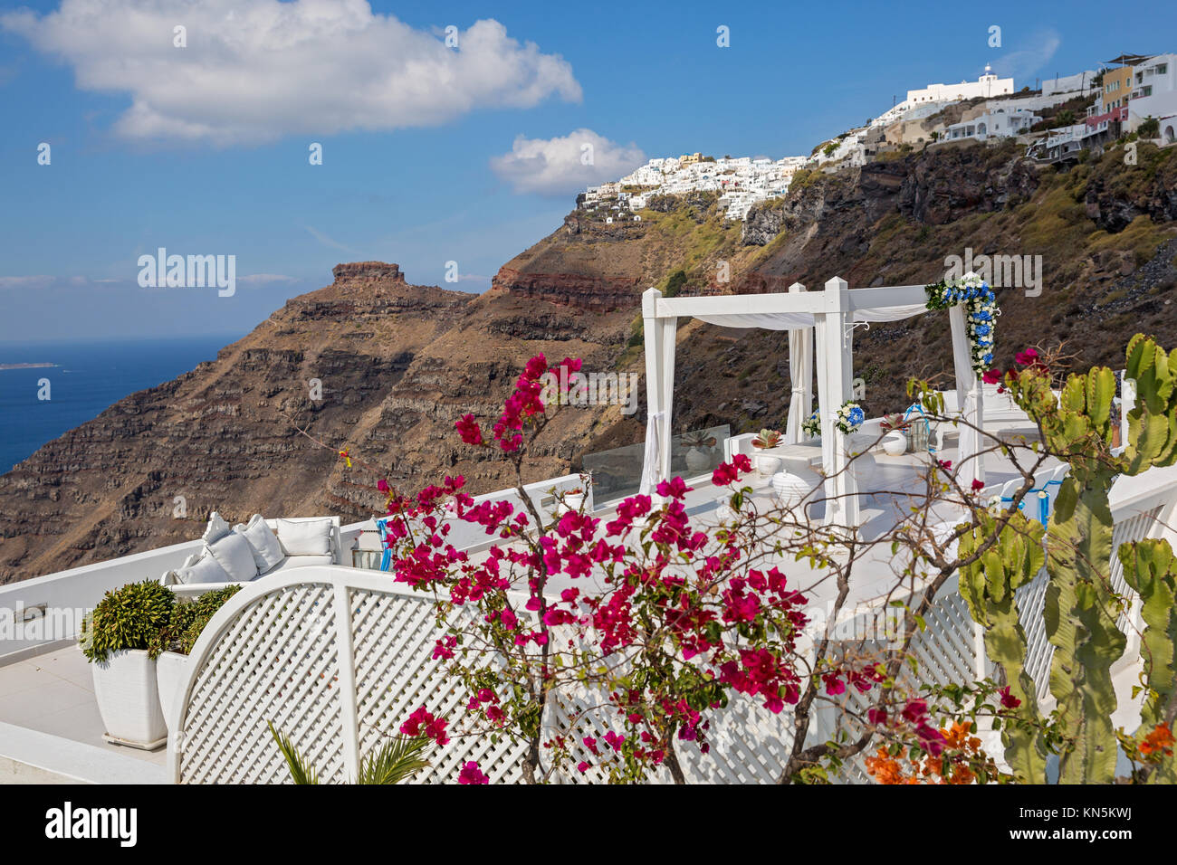 Decorations for wedding ceremony on the background of mountains and sea, Greece Stock Photo