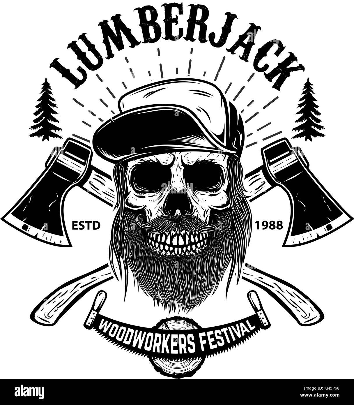 Lumberjack skull. Woodworkers festival poster template. Design element for emblem, sign, label, poster. Vector illustration Stock Vector