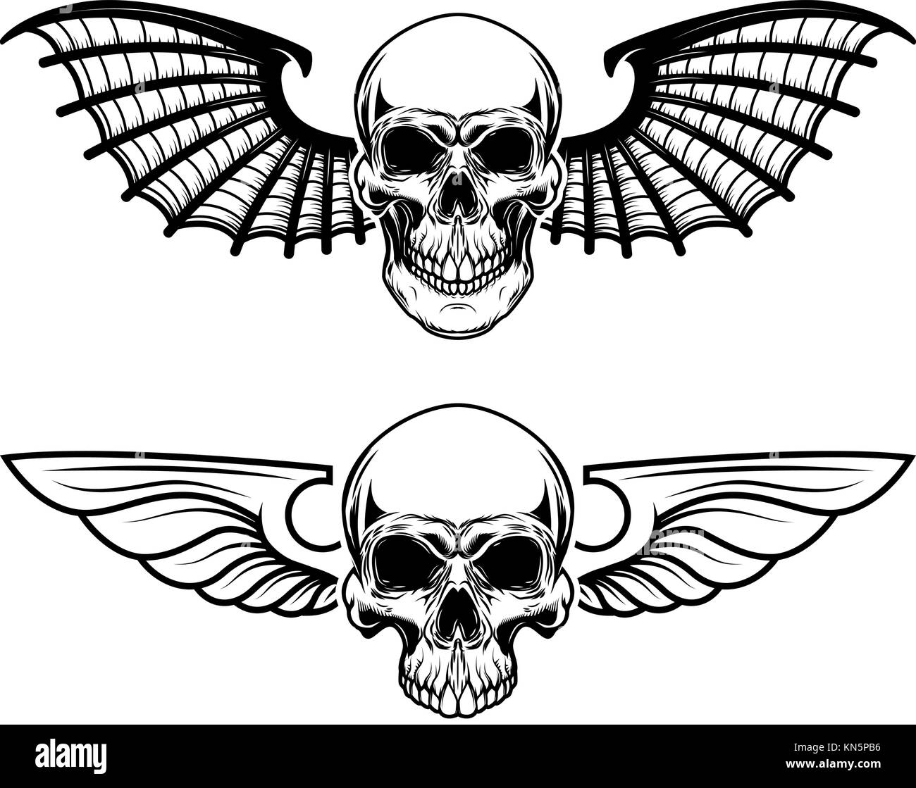 Set of the winged craniums. Skull with bat wings. Design elements for logo, label, emblem, sign, t shirt. Vector illustration Stock Vector