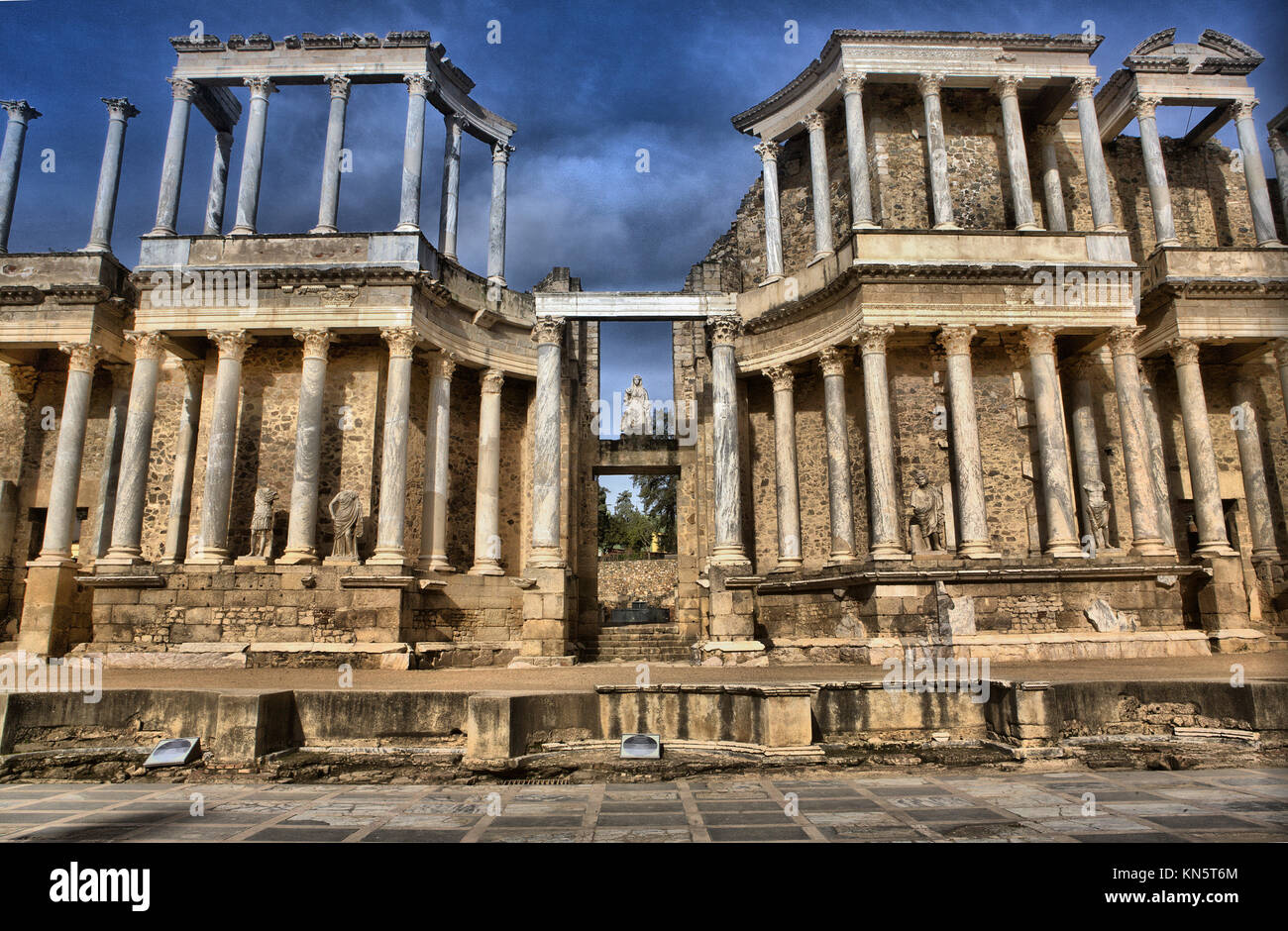 Roman theatre, located in the archaeological ensemble of Mérida, one of the largest and most extensive archaeological sites in Spain. Stock Photo