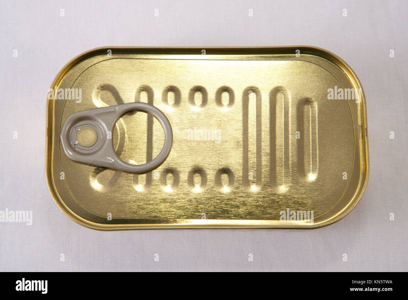Closed rectangular tin can isolated over white background. Selective focus. Stock Photo