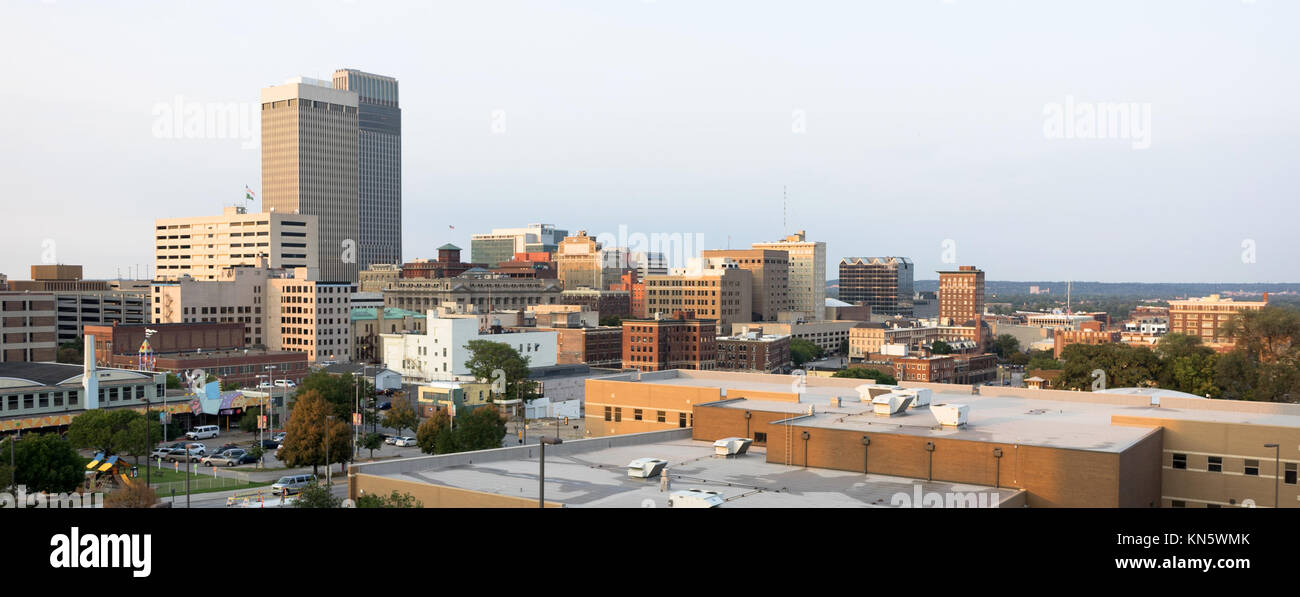 The urban landscape of downtown Omaha Nebraska just before sunset Stock Photo