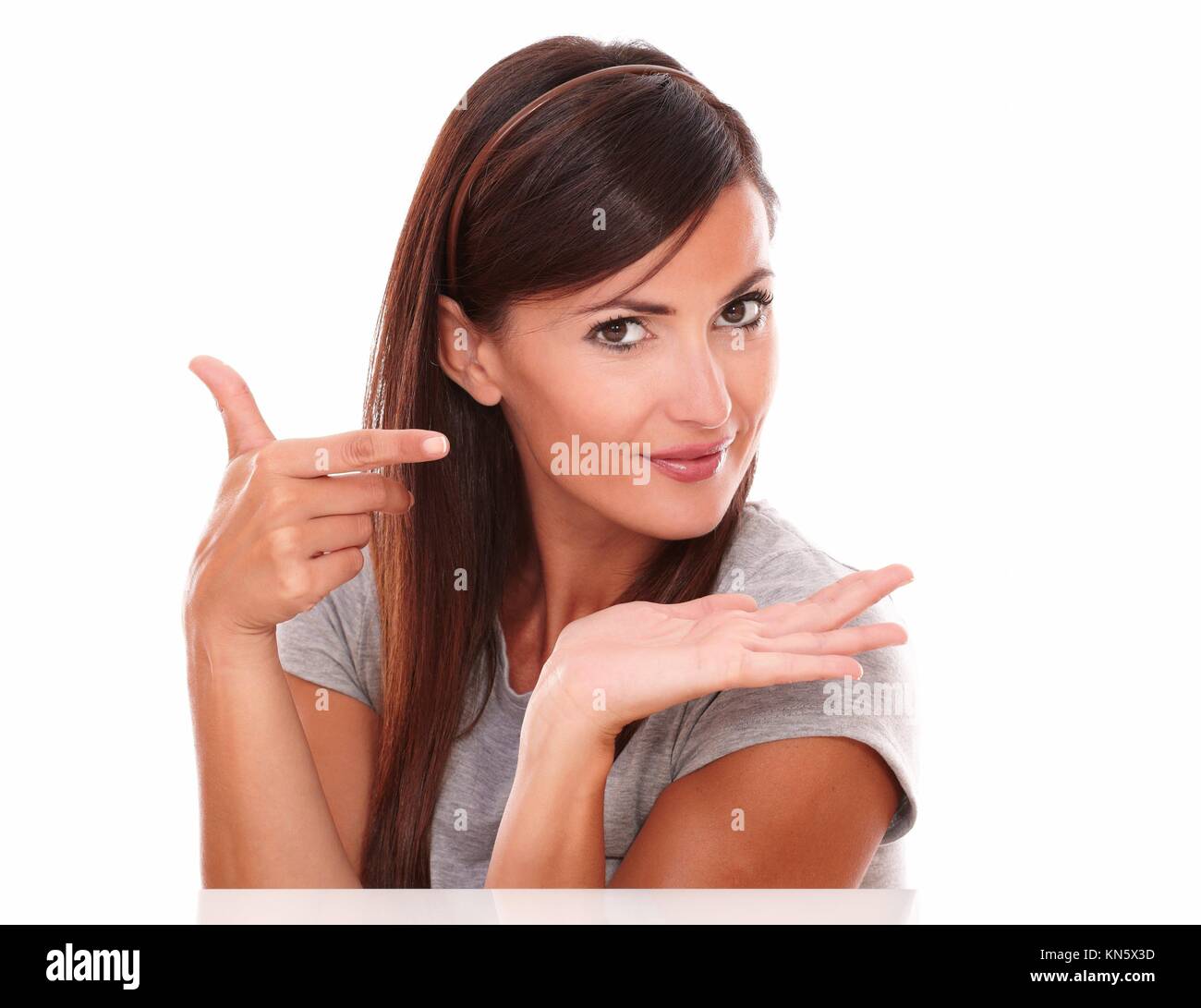 One person isolated studio portrait white background white space hires