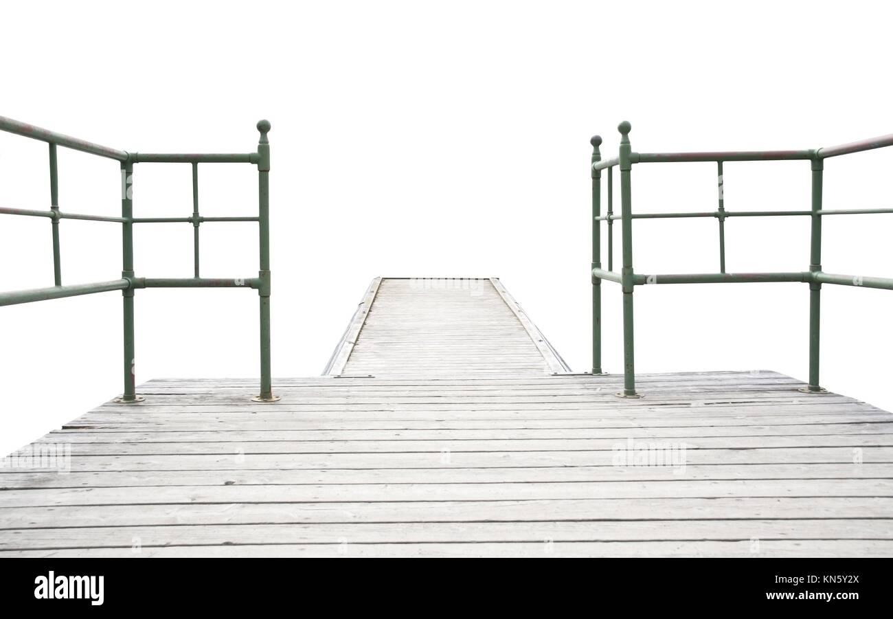 Wood pier with iron railing isolated on white. Stock Photo