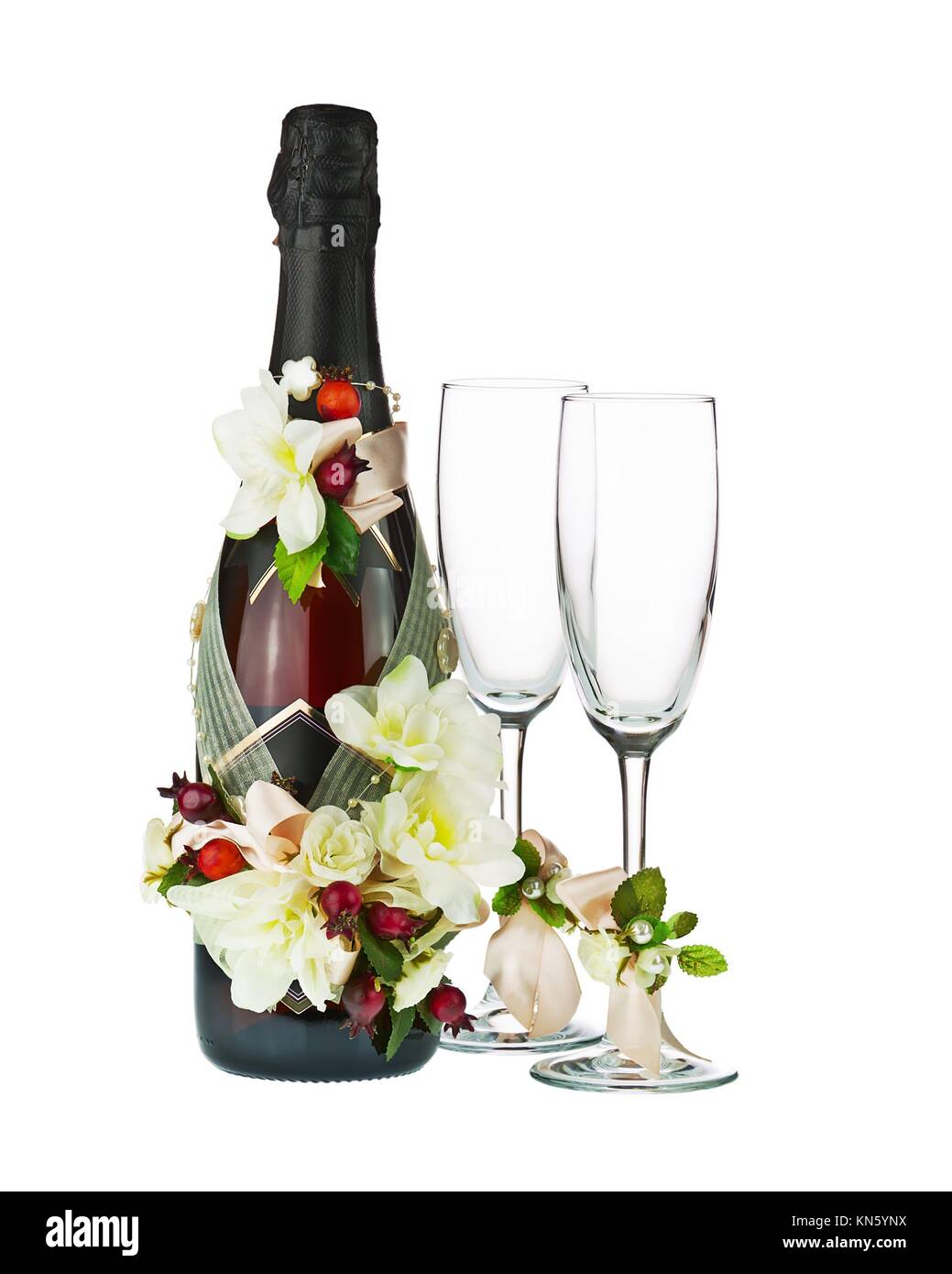 Champagne Bottle and Glass with Wedding Decoration of Flower