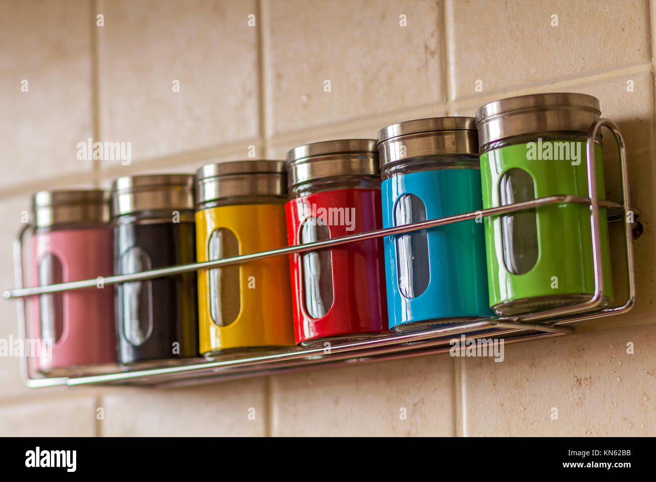 Colorful spice salt and pepper containers in kitchen Stock Photo Alamy