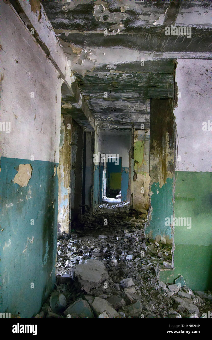 Abandoned people home (terrible interior). Attractiveness and awfulness of abandoned buildings (ghost town, forsaken house) for urban culture and succ Stock Photo