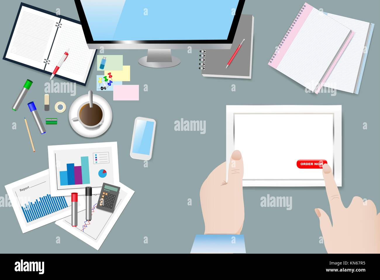 Top view of the office desk with the office supplies. Hands are holding