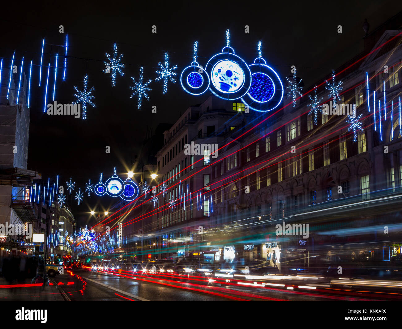 Light trails on The Strand in London at Christmas time Stock Photo