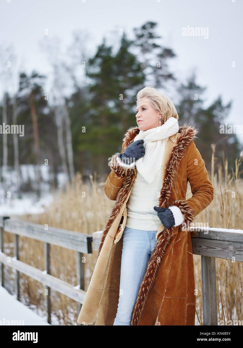 Fashionable mature adult woman wearing winter clothes and she standing next to the fence - rural scene. South Finland in January. Stock Photo