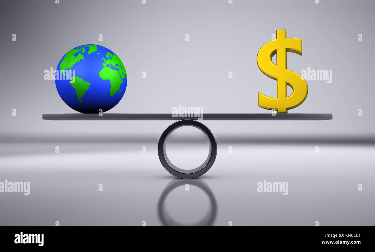 Green economy and eco commerce concept balancing a green earth icon and a golden dollar sign 3D illustration. Stock Photo