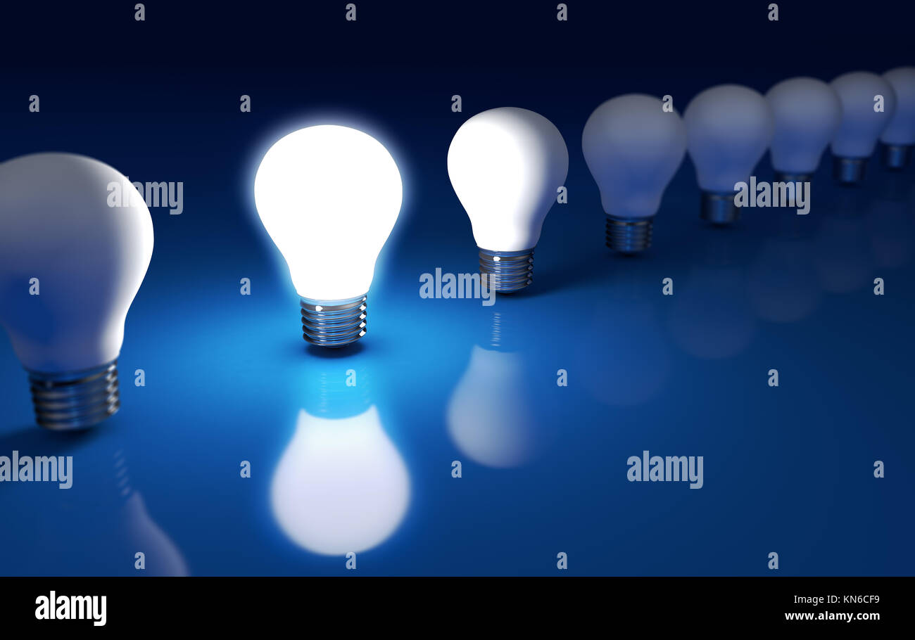 Standing out with creative ideas and business solution concept with a bright light bulb glowing in a row 3D illustration. Stock Photo