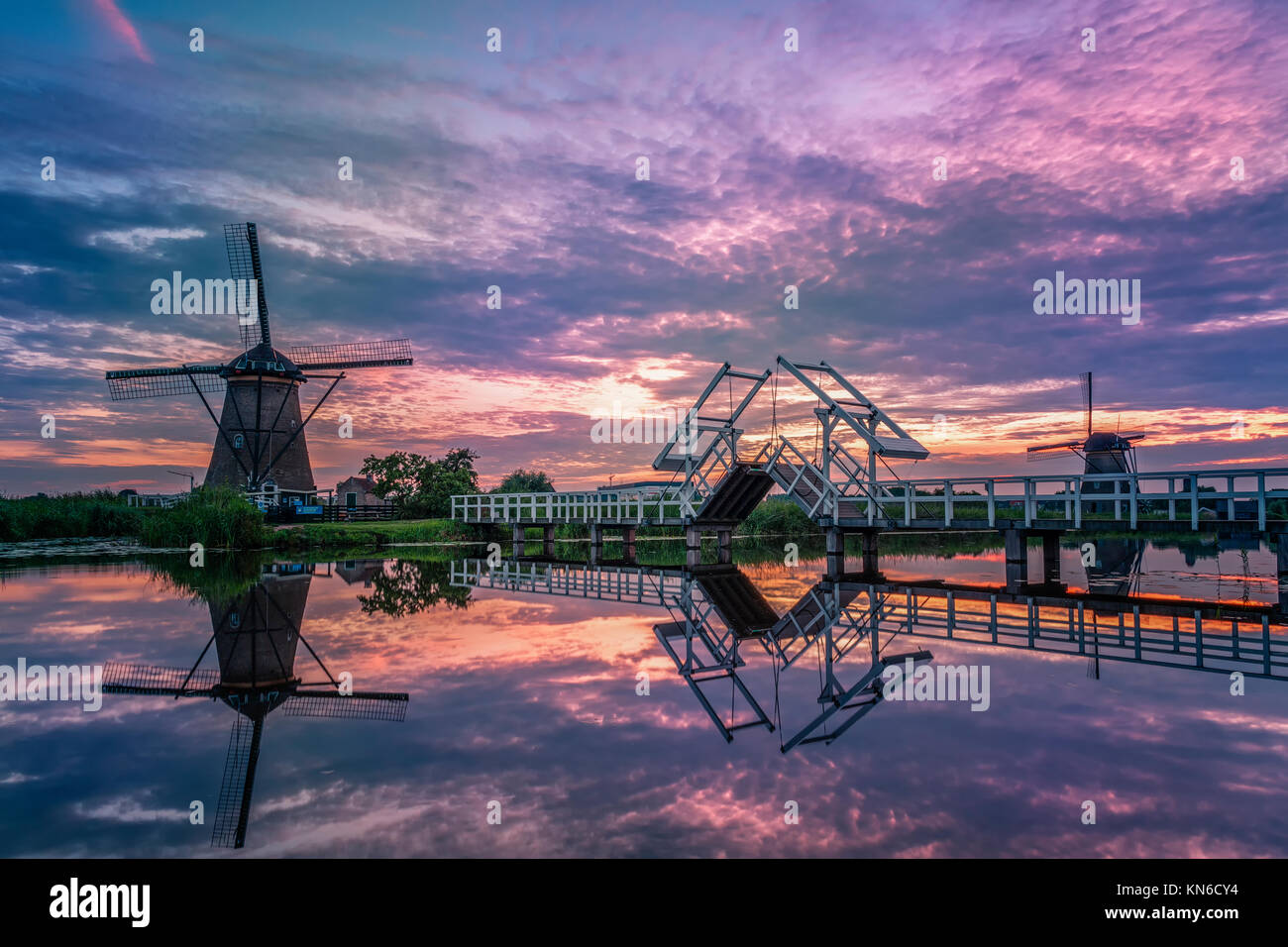 Windmill village Netherlands Kinderdijk Stock Photo