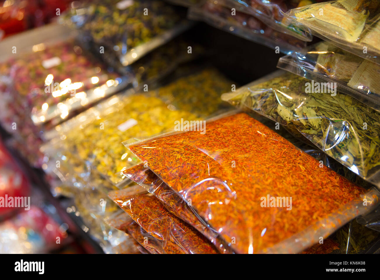 Various Packed Spices For Sale At Local Market Stock Photo