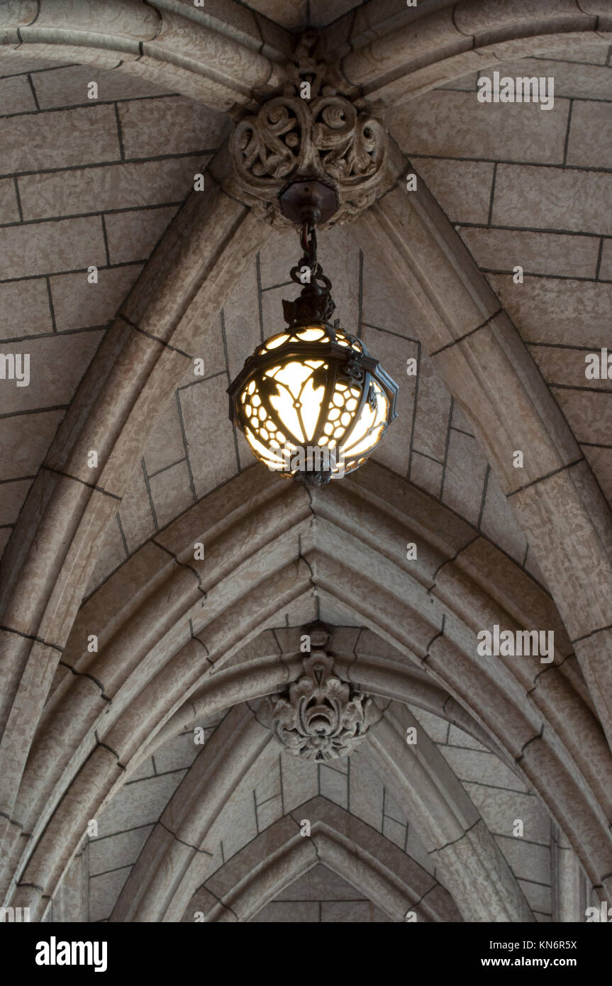 A stylish hanging ceiling light inside Parliament Hill in Ottawa. Stock Photo