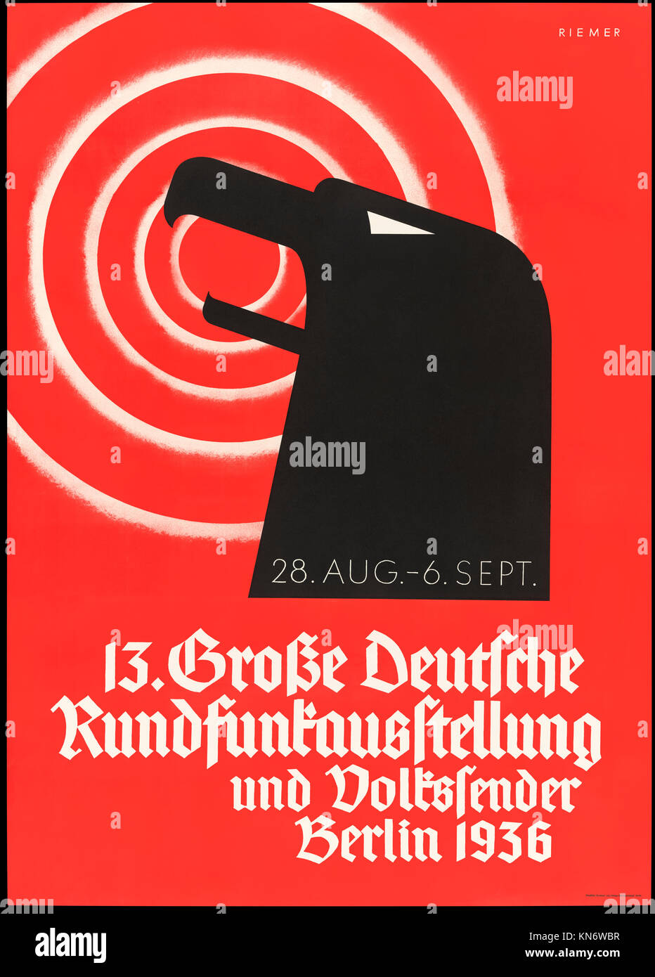 “13 Grosse deutsche Rundfunkausstellung und Volkssender Berlin 1936” (The 13th German Broadcasting Exhibition and People’s Transmitter, Berlin 1936 28 August – 6th September) Nazi Germany Exhibition poster featuring the head of the Reichsadler (Imperial Eagle) with radio waves emanating from its open mouth. Created for the Reich Propaganda Directorate of the National Socialist German Workers' Party. See more information below. Stock Photo