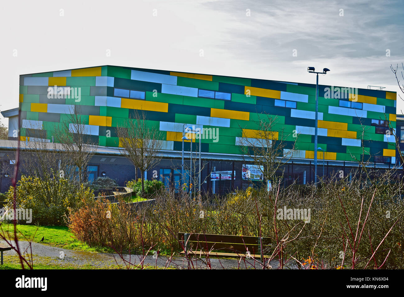 The brightly coloured cladding on the walls of Archbishop McGrath Catholic High School, Brackla, Bridgend,S.Wales. Stock Photo