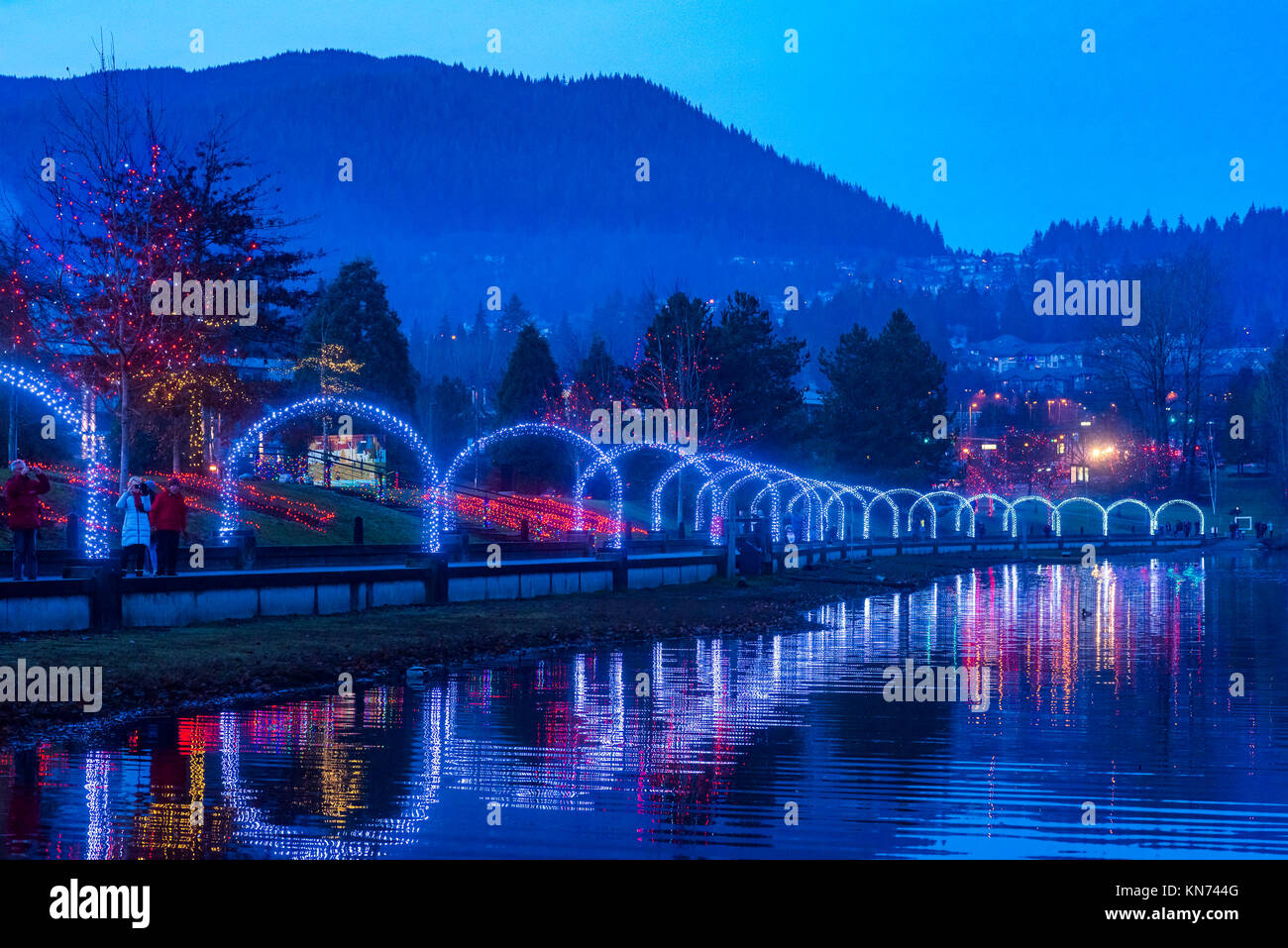 Holiday Light display, Lafarge Lake, Town Centre Park, Coquitlam, British Columbia, Canada. Stock Photo