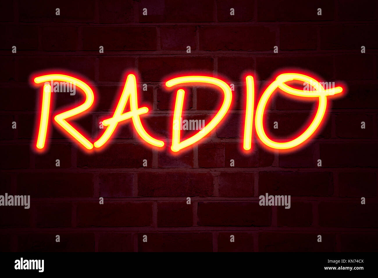 Radio neon sign on brick wall background. Fluorescent Neon tube Sign on  brickwork Business concept for Media and Education 3D rendered Front View  Stock Photo - Alamy