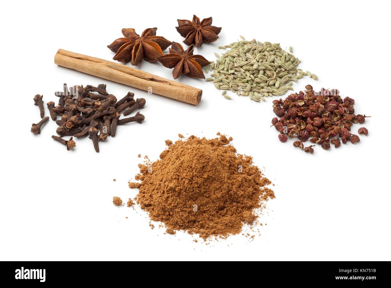 Five spices on white background to make fivespice powder Stock Photo