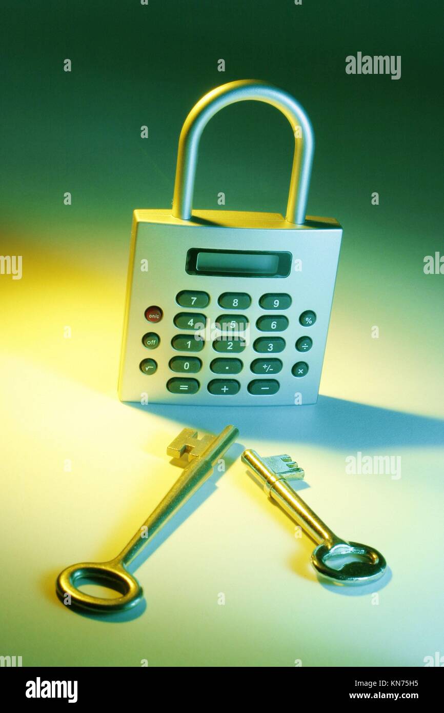 Calculator lock and key Stock Photo Alamy