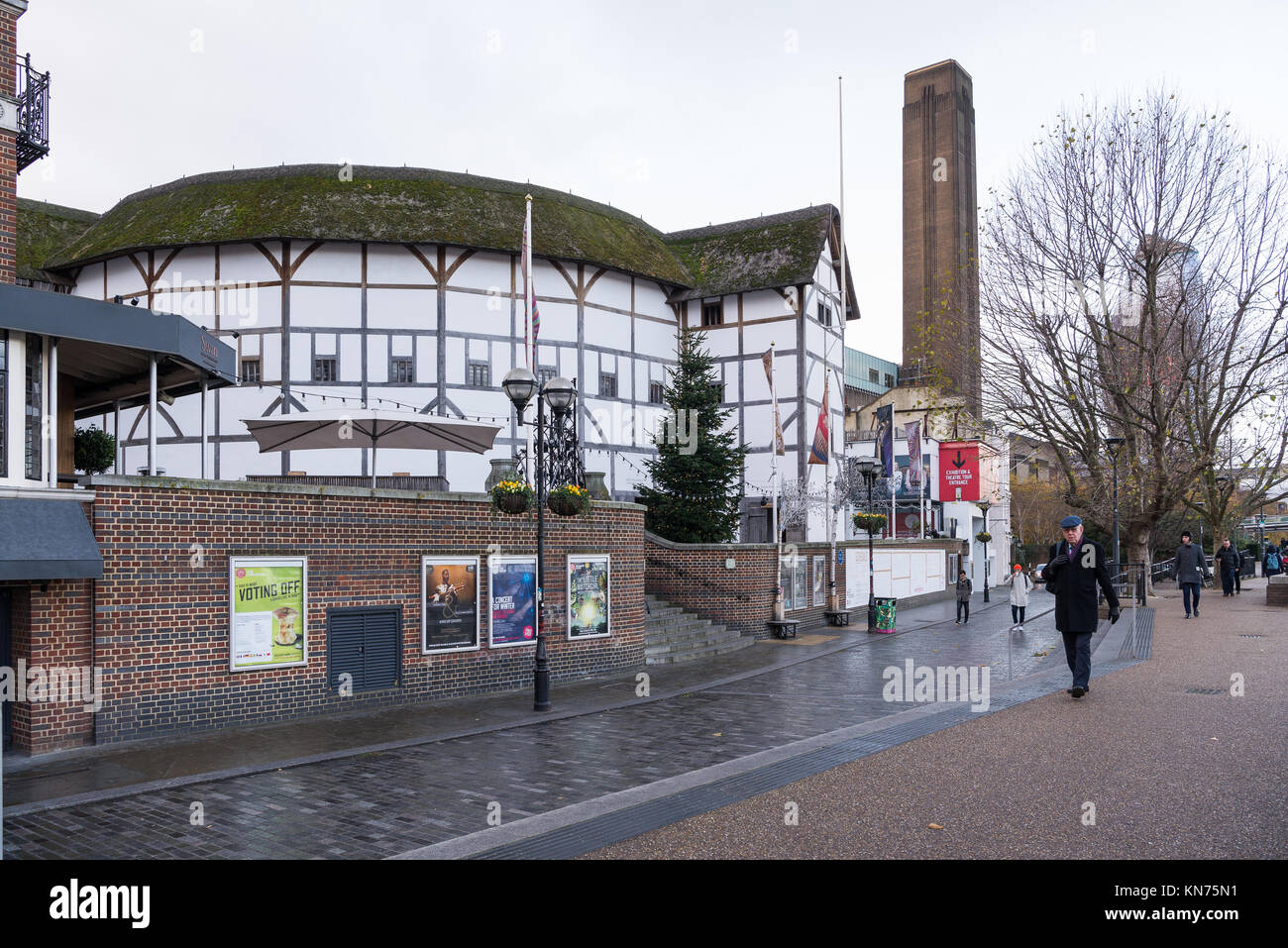 The reconstruction of William Shakespeare's Globe Theatre, situated on the South Bank of the River Thames in the Borough of Southwark, London, England. Stock Photo