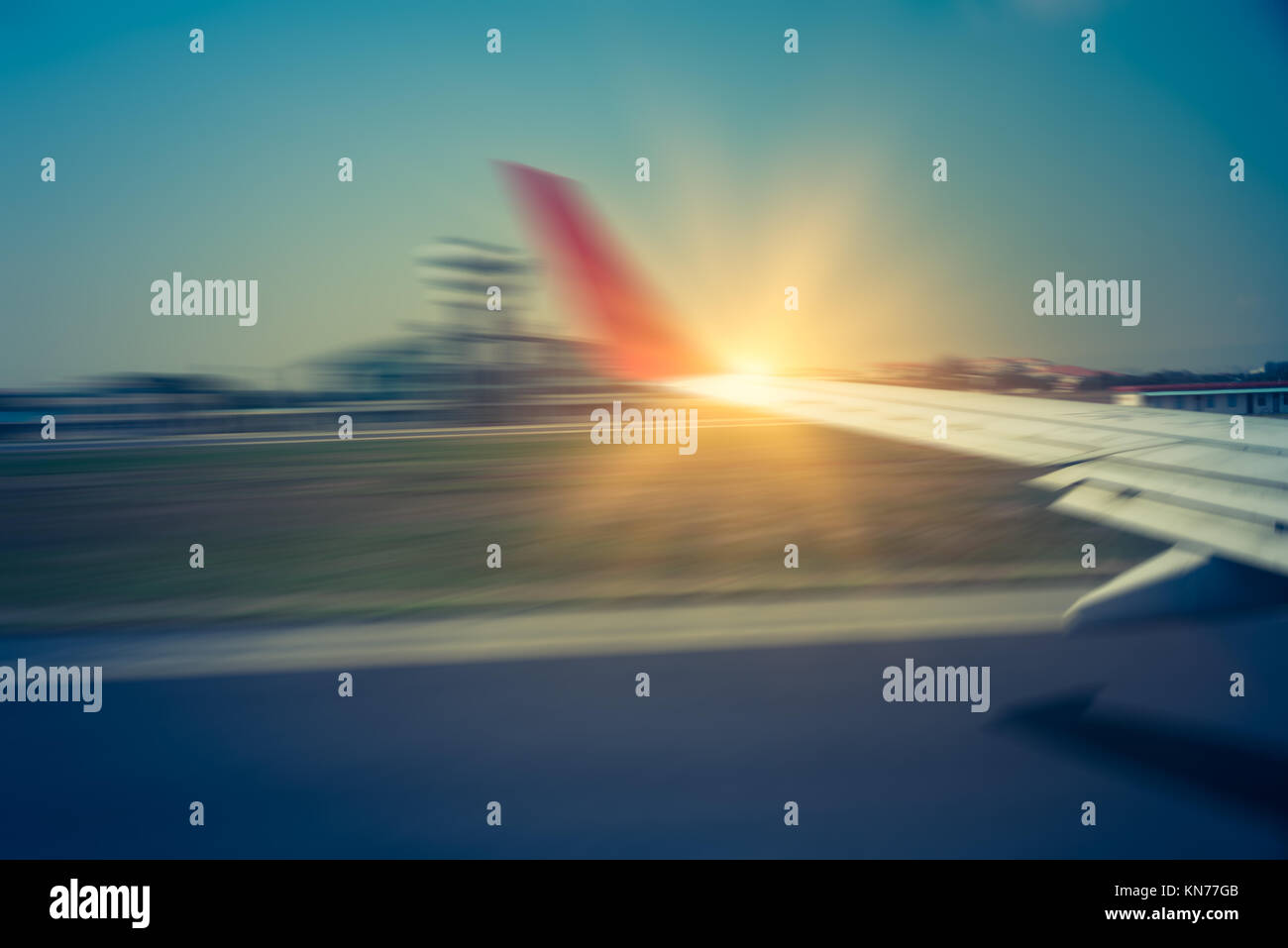 View of air plane wing during take off or landing,travel concept. Stock Photo
