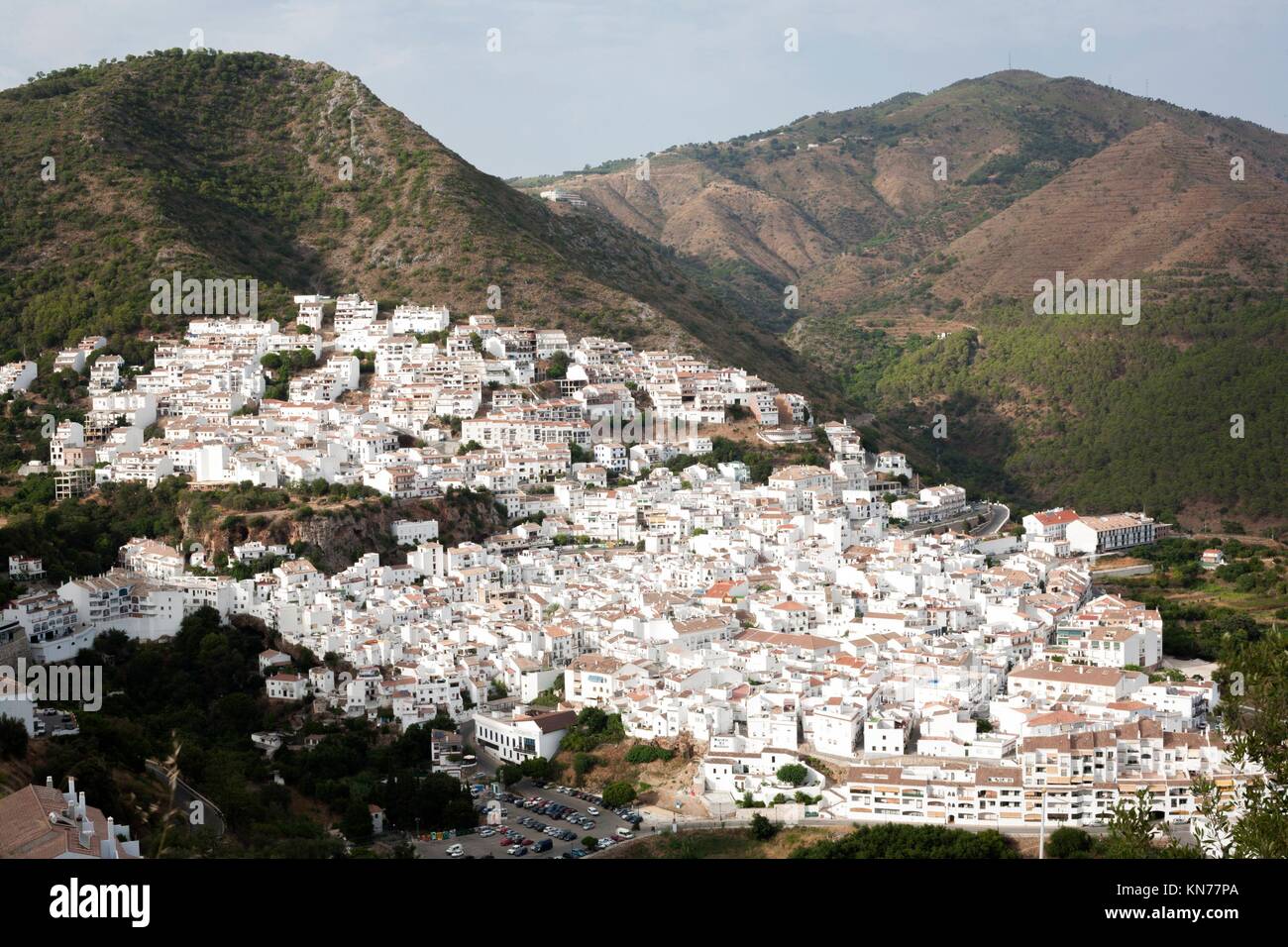 Aerial view of Ojen, white village over a hillside near Marbella, Spain. HDR. Stock Photo