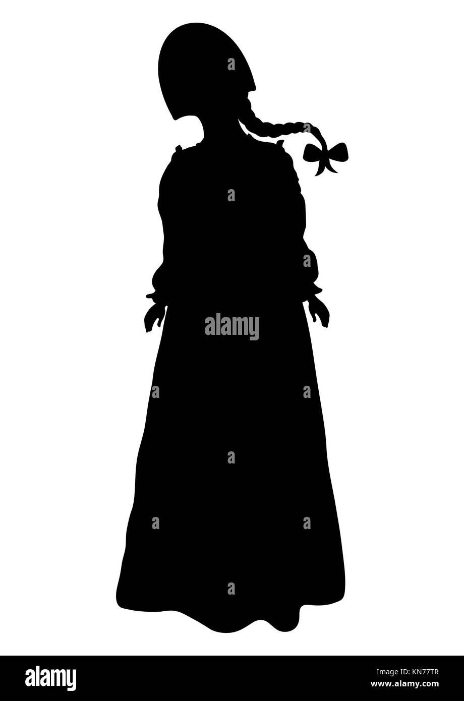 Girl in Russian national costume silhouette, vector outline portrait, black and white contour drawing. Woman full-length in russian folk dress and kok Stock Vector