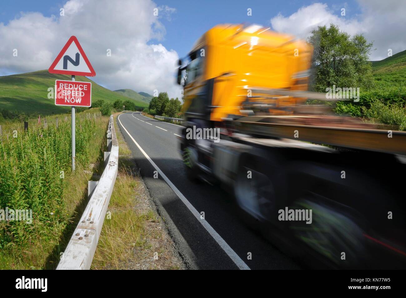 Truck on mountain road in Scotland. Road A817, Argyll & Bute, Scotland. Stock Photo