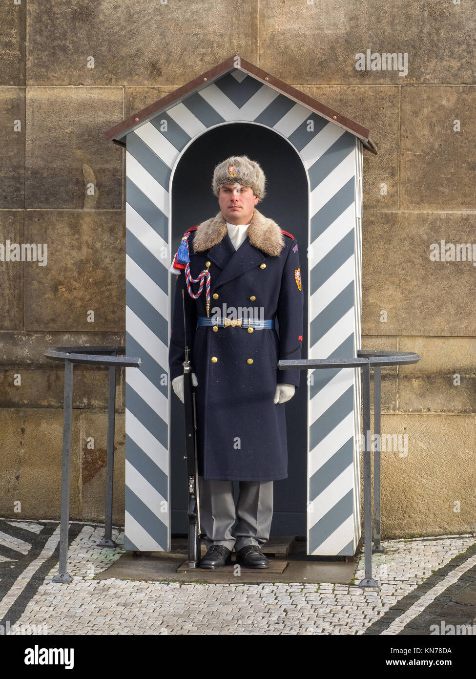Prague, Czech Republic, 4th Dec 2017: Prague castle guard soldier with winter uniform Stock Photo